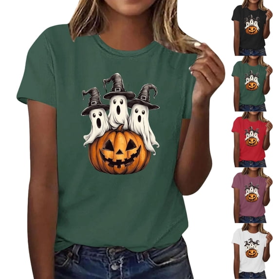 JOANKDMI Witches Hat Ghost Graphic T-Shirts for Women Cute Halloween Pumpkin Short Sleeve Crewneck Fall Tops Casual Loose Fit Holiday Party Tees Novelty Shirts
