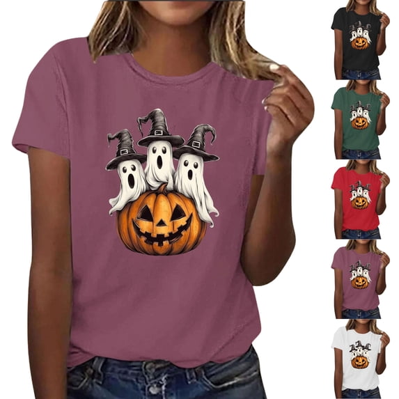 JOANKDMI Witches Hat Ghost Graphic T-Shirts for Women Cute Halloween Pumpkin Short Sleeve Crewneck Fall Tops Casual Loose Fit Holiday Party Tees Novelty Shirts
