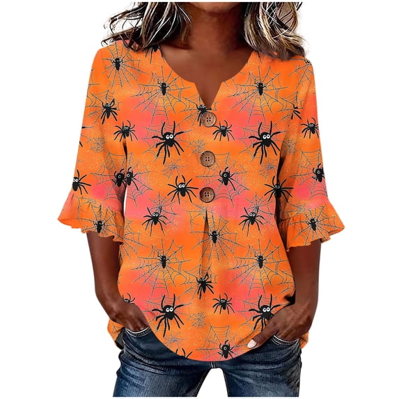 JOANKDMI Women Creepy Spider T Shirt Web Graphic Print V Neck Tunic Casual Bell Sleeve Shirt With Buttons for Roleplay and Spooky Halloween Party Dress Up Novelty Apparel