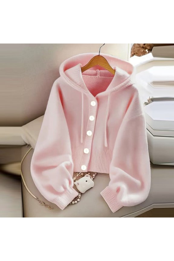 Women Cropped Knit Cardigan Button Down Hooded Jacket with Drawstring Ribbed Hem Casual Relaxed Fit Fall Spring Fashion Long Sleeve Sweater Coat Cute Outerwear