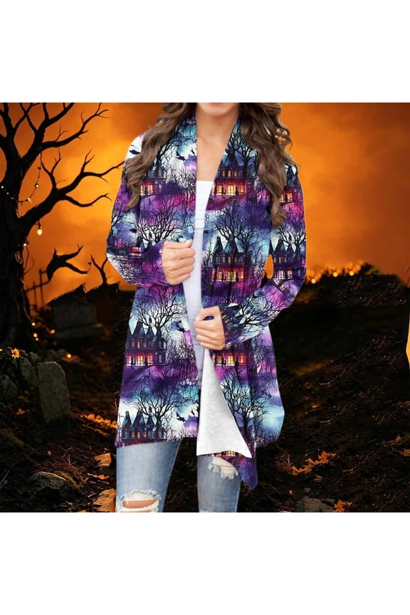Women Halloween Haunted Castle Print Duster Coat Open Front Long Sleeve Lightweight Drape Cardigan Casual Fall Spooky Festival Outerwear Novelty Jacket