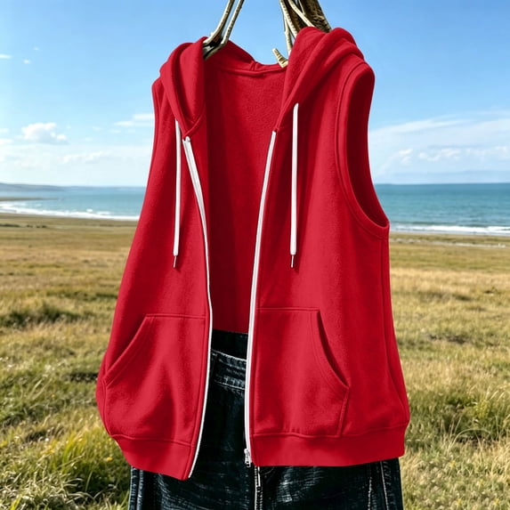 JOANKDMI Women Sleeveless Jacket Hoodie Full Zip Vest Casual Summer Fall Sweatshirt Activewear with Pockets Drawstring Lightweight Workout Sports Athletic Tops