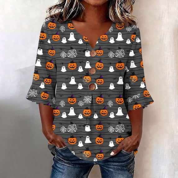 JOANKDMI Women Jack-o-Lantern and Ghost Shirt Striped V Neck Button Up Tunic With Spiderweb Details for Halloween Group Dress Up Casual Festive Holiday Matching Outfits