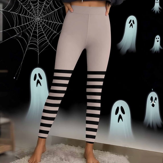 JOANKDMI Women Striped Pattern Yoga Pants Ghostly Circus Ringmaster Dress Up Vertical Slim Fit Tights for Festival Carnival Theme Party Vintage Halloween Outfit Base