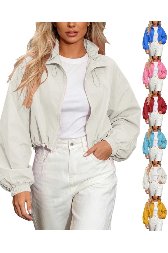 Women Windbreaker Jacket Cropped Lightweight Long Sleeve Athletic Coat Full Zip Stand Collar with Drawstring Hem Breathable Activewear Outerwear for Gym Fitness Workout