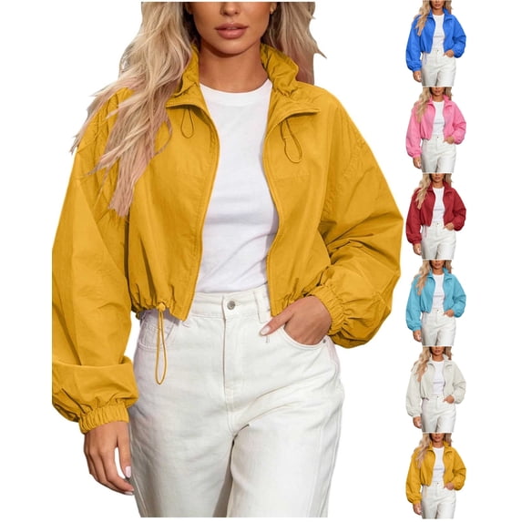 JOANKDMI Women Windbreaker Jacket Cropped Lightweight Long Sleeve Athletic Coat Full Zip Stand Collar with Drawstring Hem Breathable Activewear Outerwear for Gym Fitness Workout