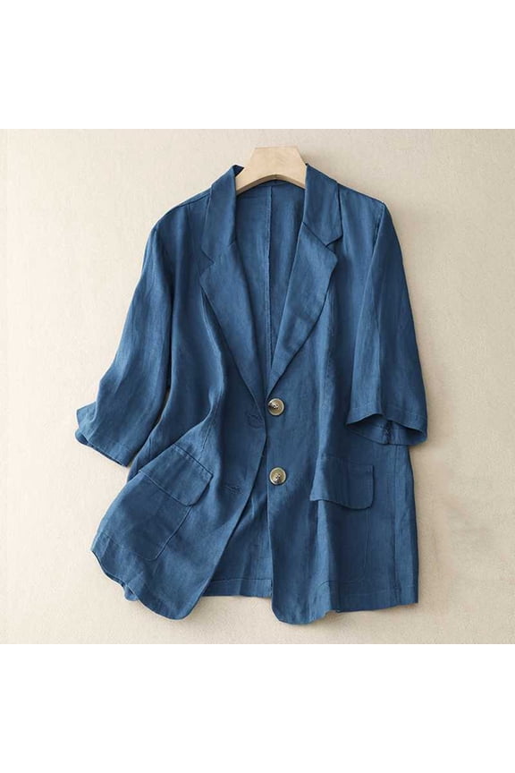 Women's Blazer Casual Linen Lightweight Suit Jacket 3/4 Sleeve Lapel Collar Open Front Work Office Coat with Patch Pockets for Fall Spring Daily Wear