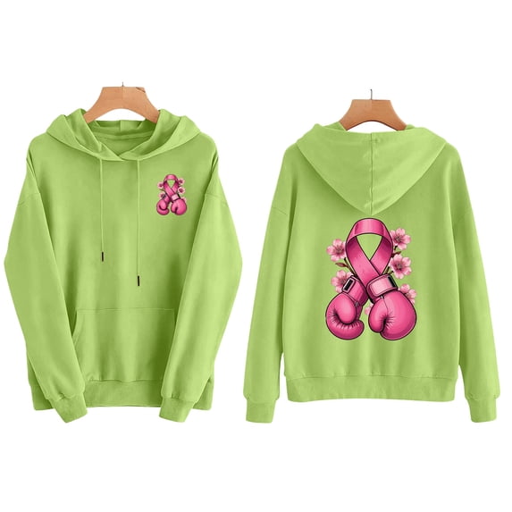 JOANKDMI Women's Boxing Gloves Pink Ribbon Hoodies Breast Cancer Awareness Graphic Pullover Sweatshirt Long Sleeve Pocket Drawstring Activewear Fight Like a Girl