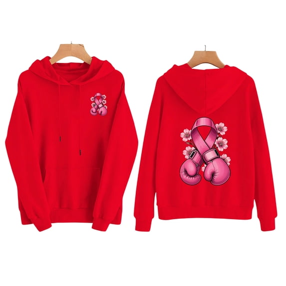 JOANKDMI Women's Boxing Gloves Pink Ribbon Hoodies Breast Cancer Awareness Graphic Pullover Sweatshirt Long Sleeve Pocket Drawstring Activewear Fight Like a Girl