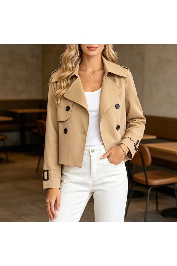 Women's Cropped Trench Coat Double Breasted Lapel Collar Short Peacoat Outerwear with Belted Cuffs Casual Vintage Fall Spring Lightweight Layering Fashion Jacket