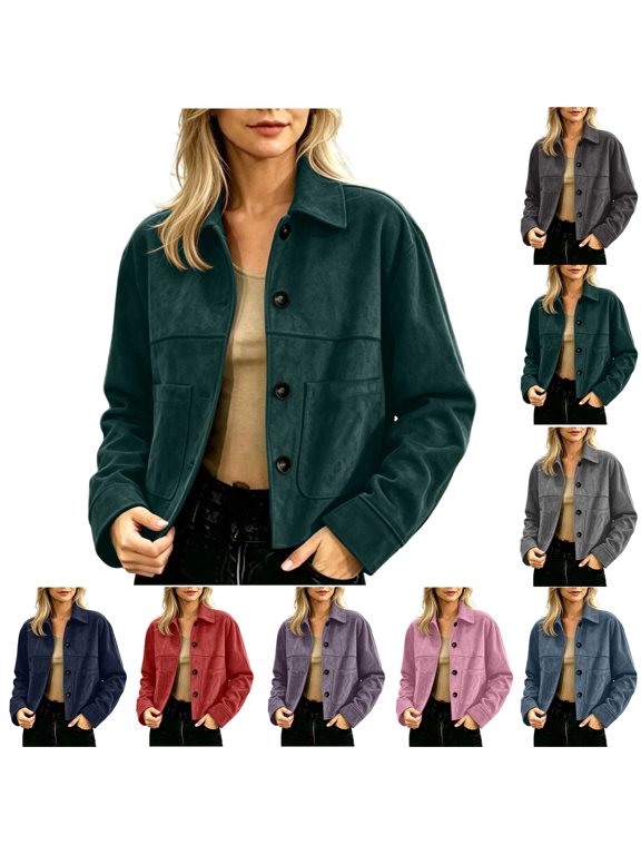 Women's Faux Suede Shacket Jackets Long Sleeve Button Up Drop Shoulder Lightweight Cropped Jackets Fall Winter Casual Vintage Outerwear, S-3XL