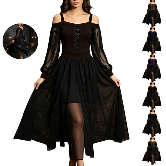 JOANKDMI Women's Gothic Midi Dress Elegant Vampire Costume Cold Shoulder Sheer Long Sleeve Lace-up Corset for Roleplay Halloween Party Outfit Chic, S-3XL