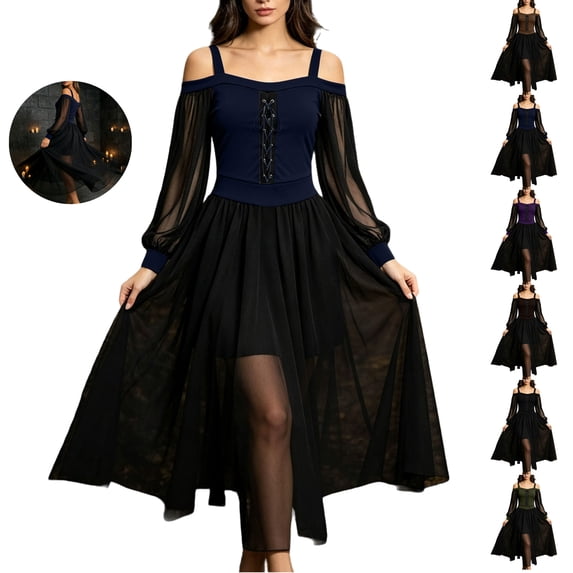 JOANKDMI Women's Gothic Midi Dress Elegant Vampire Costume Cold Shoulder Sheer Long Sleeve Lace-up Corset for Roleplay Halloween Party Outfit Chic, S-3XL