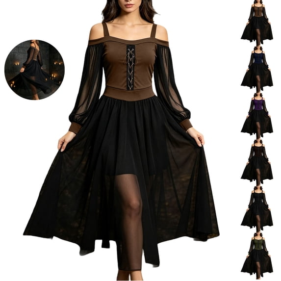 JOANKDMI Women's Gothic Midi Dress Elegant Vampire Costume Cold Shoulder Sheer Long Sleeve Lace-up Corset for Roleplay Halloween Party Outfit Chic, S-3XL