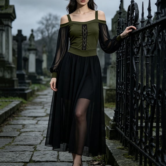 JOANKDMI Women's Gothic Midi Dress Elegant Vampire Costume Cold Shoulder Sheer Long Sleeve Lace-up Corset for Roleplay Halloween Party Outfit Chic, S-3XL