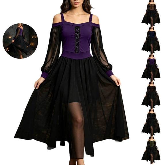 JOANKDMI Women's Gothic Midi Dress Elegant Vampire Costume Cold Shoulder Sheer Long Sleeve Lace-up Corset for Roleplay Halloween Party Outfit Chic, S-3XL