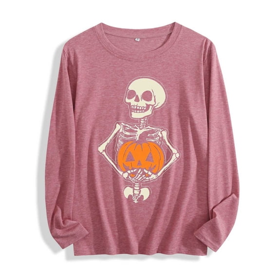 JOANKDMI Women's Skeleton Pumpkin Print Shirts Long Sleeve Halloween Graphic Tops Crewneck Casual Loose Fall Pullovers Funny Tees Holiday Party