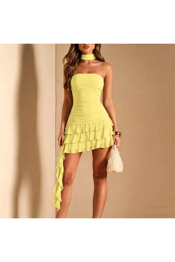 Women's Strapless Tube Mini Dress Ruched Bodice Tiered Ruffle Asymmetrical Flowy Hem Bodycon Fitted Flattering Cocktail Party Evening Club Night Out Elegant Outfit