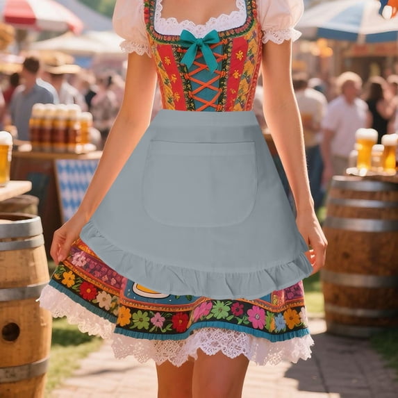 JOANKDMI Women's Traditional Tavern Maid Costume Floral Dress with Ruffled Pocket Apron for Cultural Festival Event Halloween Carnival Party Dress Up Outfit