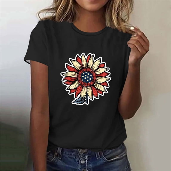 JOANKDMI Womens 4th of July Shirt Cotton American Flag Sunflower Print Crew Neck Loose Fit Patriotic Short Sleeve Tops Independence Day Fashion Trendy Festival Wear