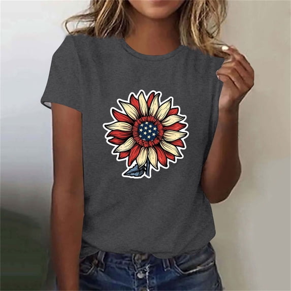 JOANKDMI Womens 4th of July Shirt Cotton American Flag Sunflower Print Crew Neck Loose Fit Patriotic Short Sleeve Tops Independence Day Fashion Trendy Festival Wear