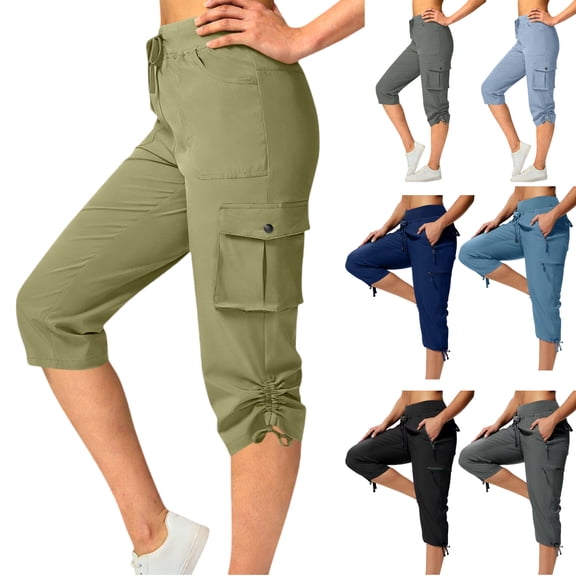 JOANKDMI Womens Cargo Capris Lightweight Hiking Quick Dry High Waist Athletic Cropped Trousers with Pockets Ruched Cinch Bottom for Outdoor Golf Workout