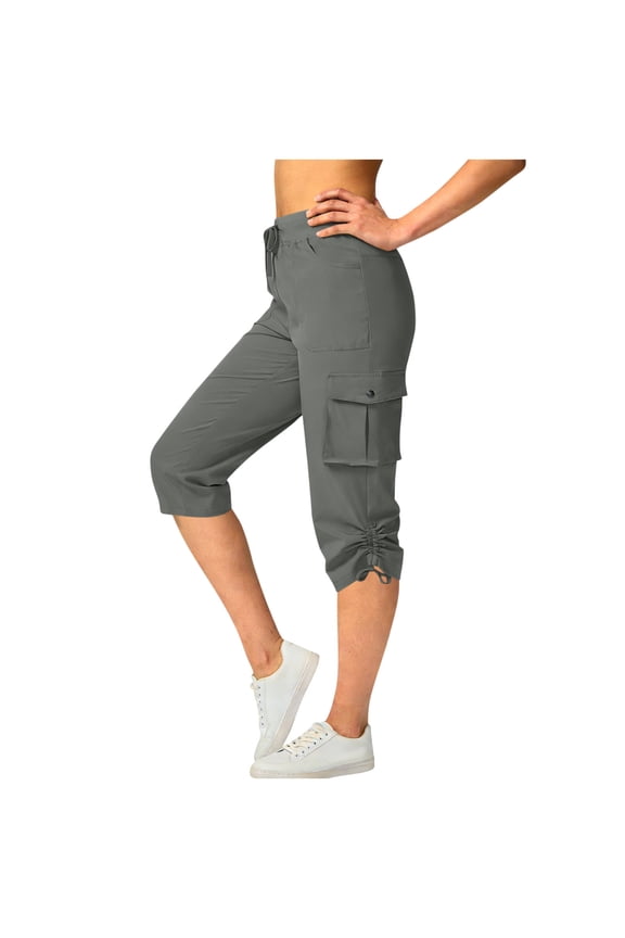 JOANKDMI Womens Cargo Capris Lightweight Hiking Quick Dry High Waist Athletic Cropped Trousers with Pockets Ruched Cinch Bottom for Outdoor Golf Workout