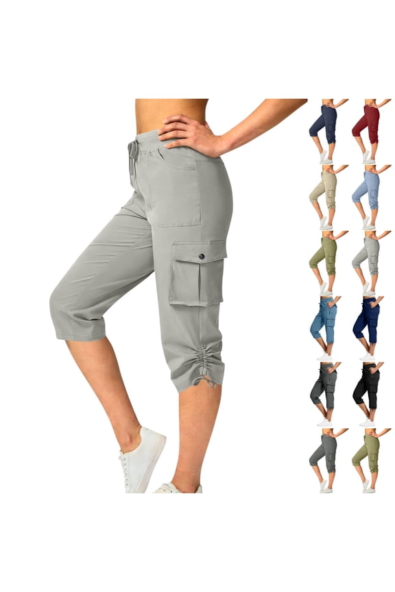 JOANKDMI Womens Cargo Capris Lightweight Hiking Quick Dry High Waist Athletic Cropped Trousers with Pockets Ruched Cinch Bottom for Outdoor Golf Workout