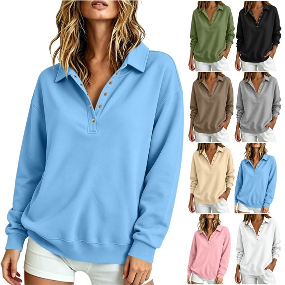 JOANKDMI Womens Collar Sweatshirt Button Down V Neck Pullover Tops Drop Shoulder Long Sleeve Loose Fit Fall Fashion Casual Lounge Wear Streetwear Outfits