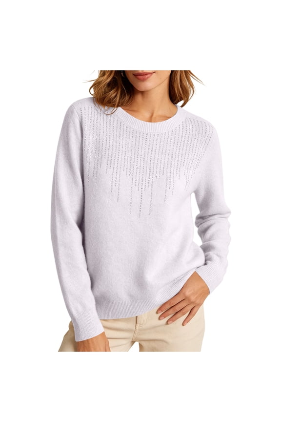 Womens Crewneck Long Sleeve Tops Sparkly Rhinestone Embellished Knit Sweaters Casual Elegant Pullover Shirts Relaxed Fit Fall Winter Party Dressy Tees