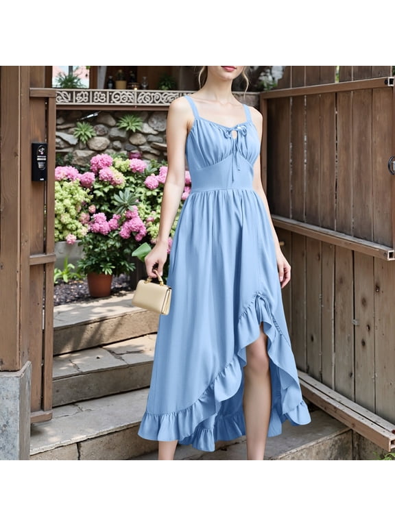 Womens Elegant Fairy Dress Cottagecore Woodland Nymph Flowy Spaghetti Strap Ruffle High Low Gown for Halloween Party Garden Role Play Chic Outfit