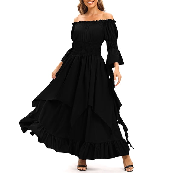 JOANKDMI Womens Elegant Medieval Fairy Dress Off Shoulder Ruffle Gown High Low Tiered Skirt for Renaissance Festival Magic Princess Role Play and Halloween Apparel
