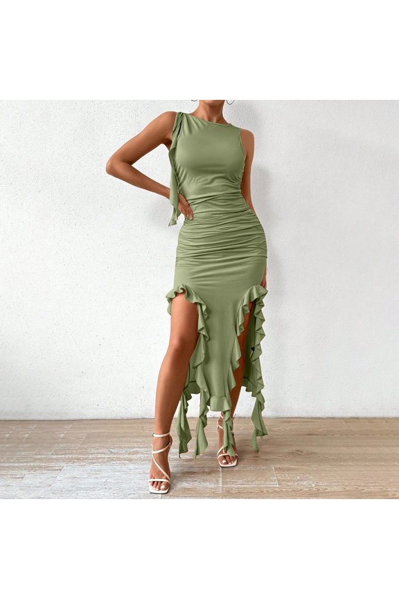 Womens Elegant Sorceress Costume Asymmetrical Ruffle Slit Dress for Dark Queen Role Play Flirty Witch Apparel for Halloween Carnival Party Dress Up Outfit