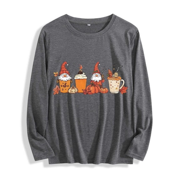 JOANKDMI Womens Fall Tops Halloween Gnomes Graphic Shirts Long Sleeve Crewneck Pumpkin Coffee Tees Autumn Season Casual T Shirts