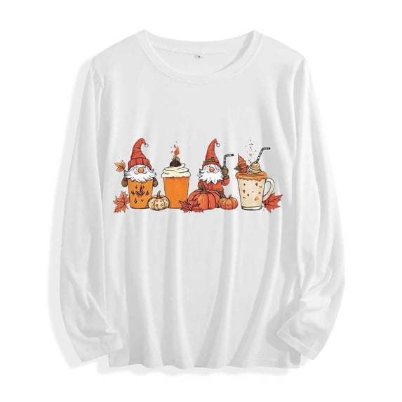 JOANKDMI Womens Fall Tops Halloween Gnomes Graphic Shirts Long Sleeve Crewneck Pumpkin Coffee Tees Autumn Season Casual T Shirts