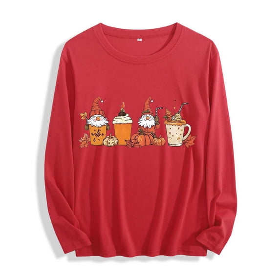 JOANKDMI Womens Fall Tops Halloween Gnomes Graphic Shirts Long Sleeve Crewneck Pumpkin Coffee Tees Autumn Season Casual T Shirts