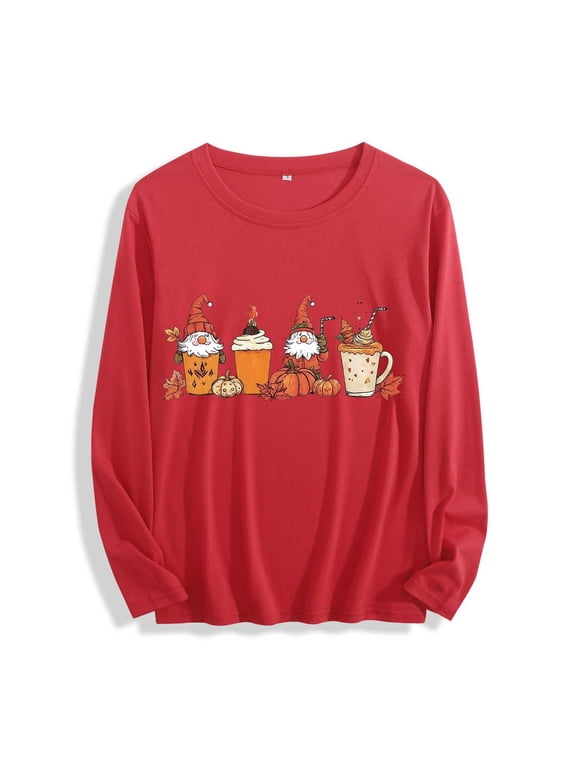 Womens Fall Tops Halloween Gnomes Graphic Shirts Long Sleeve Crewneck Pumpkin Coffee Tees Autumn Season Casual T Shirts
