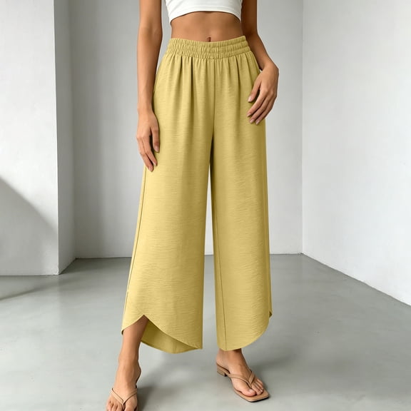 JOANKDMI Womens Flowy Pants Elastic Waisted Wide Leg Smocked Straight Slit Hem Palazzo Bottoms Comfortable Summer Casual Daily Fahsion Trousers