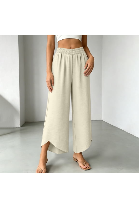 Womens Flowy Pants Elastic Waisted Wide Leg Smocked Straight Slit Hem Palazzo Bottoms Comfortable Summer Casual Daily Fahsion Trousers
