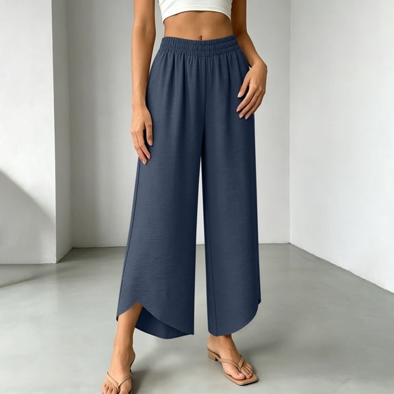 JOANKDMI Womens Flowy Pants Elastic Waisted Wide Leg Smocked Straight Slit Hem Palazzo Bottoms Comfortable Summer Casual Daily Fahsion Trousers