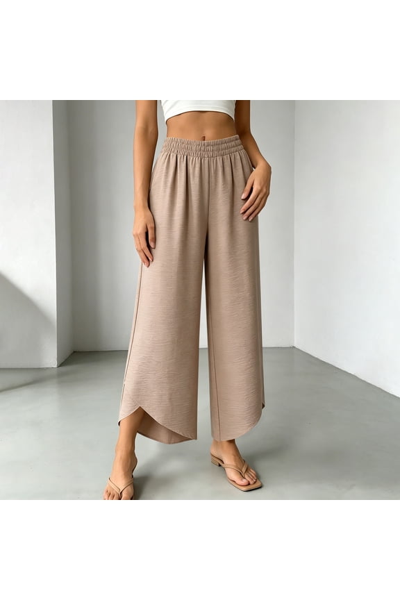 Womens Flowy Pants Elastic Waisted Wide Leg Smocked Straight Slit Hem Palazzo Bottoms Comfortable Summer Casual Daily Fahsion Trousers