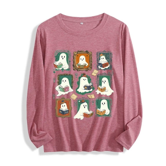 JOANKDMI Womens Funny Halloween Shirts Long Sleeve Cute Ghosts Reading Books Graphic Tees Casual Crewneck Pullover Fall Tops Season Holiday Book Lover Apparel
