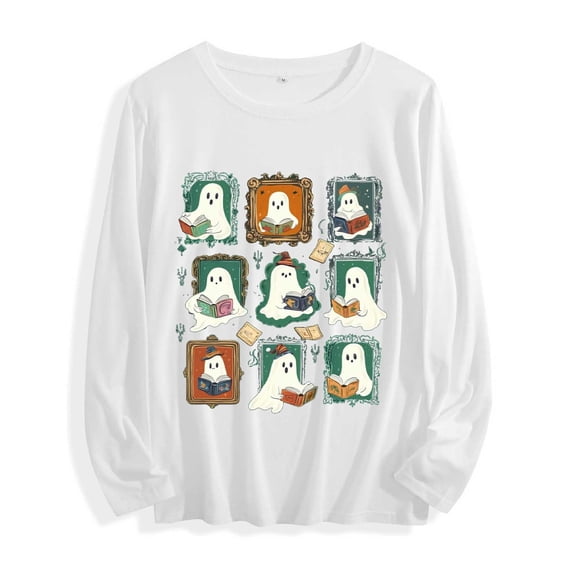 JOANKDMI Womens Funny Halloween Shirts Long Sleeve Cute Ghosts Reading Books Graphic Tees Casual Crewneck Pullover Fall Tops Season Holiday Book Lover Apparel