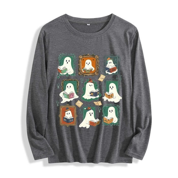 JOANKDMI Womens Funny Halloween Shirts Long Sleeve Cute Ghosts Reading Books Graphic Tees Casual Crewneck Pullover Fall Tops Season Holiday Book Lover Apparel