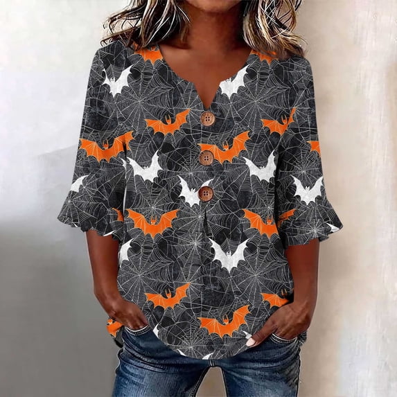 JOANKDMI Womens Gothic Flying Bat T Shirts Spiderweb Pattern Blouse Casual 3/4 Sleeve V Neck Top for Scary Trick-or-Treat Event and Spooky Halloween Festival Casual Dress Up Outfit