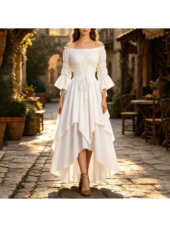 Womens Gothic Maxi Dress Boho High Low Off the Shoulder Long Puff Sleeve Lace-Up Smocked Waist Flowy Asymmetrical Tiered Gown for Casual Party Vacation
