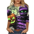 thumbnail image 1 of JOANKDMI Womens Holiday Shirts Halloween 3/4 Sleeve Crewneck Mummy Pumpkin Graphic Tees Retro Creepy Horror Print Casual Blouse Tops Y2K Fashion Loose Pullover Everyday Wear, 1 of 6