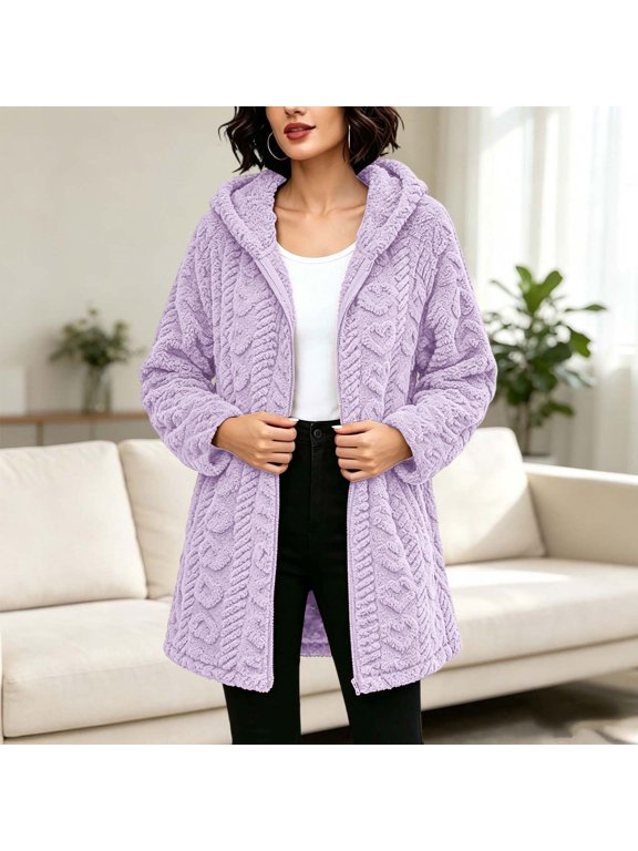 Womens Long Fleece Coat Full Zip Up Hooded Fuzzy Jacket Cable Knit Texture Warm Winter Casual Outerwear with Pockets, S-3XL