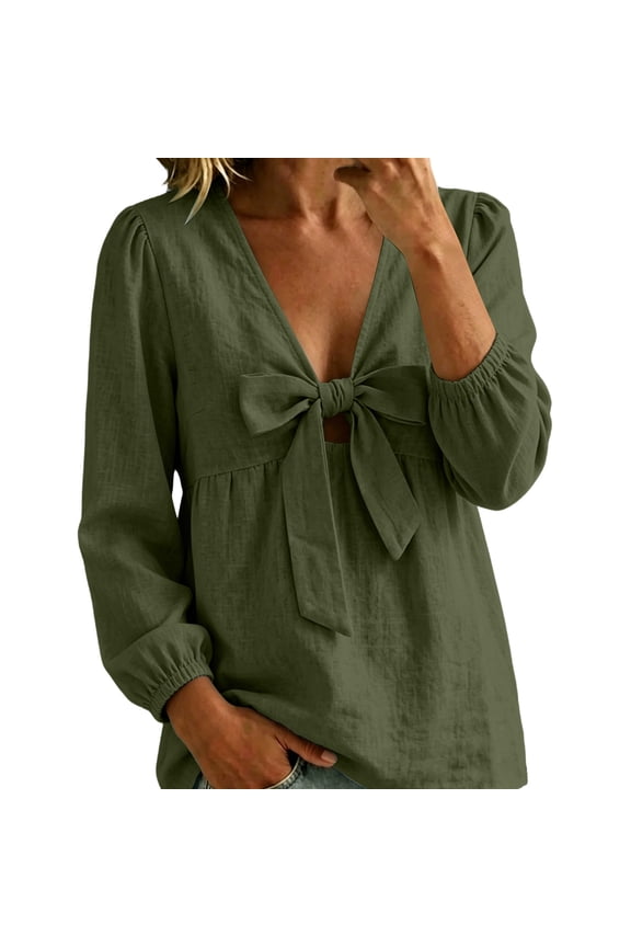 Womens V Neck T Shirts Linen Long Puff Sleeve Tops Cute Front Bow Tie Knot Babydoll Blouses Loose Fit Peplum Tunic for Fall Summer Everyday Wear