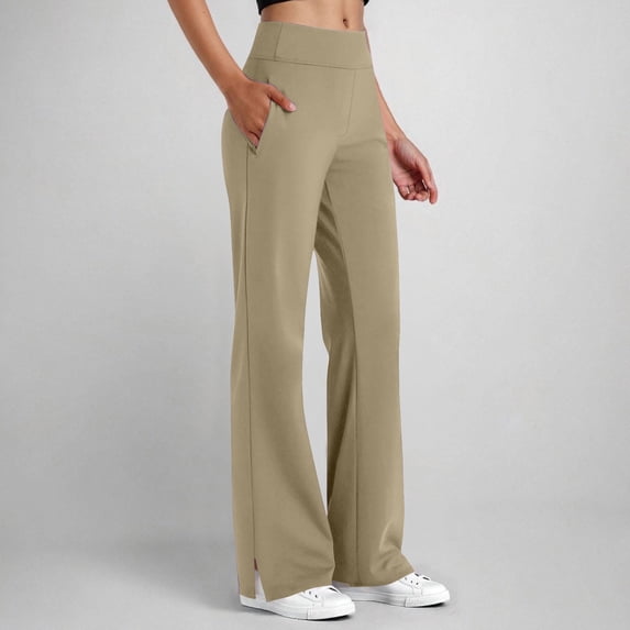 JOANKDMI Yoga Pants for Women with Pockets flare legs Stretch Tummy Control High Elastic Waisted Split Hem Bottoms Workout Gym Sports Trousers
